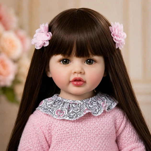 Реалістична лялька Reborn Baby Doll Seline 55 см — вінілова дівчинка з довгим темним волоссям та аксесуарами, можна купати (RB090) - зображення 4