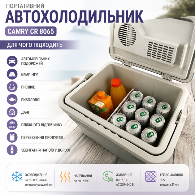 Портативний холодильник CAMRY CR 8065 21 л, для автомобіля від прикурювача 12V та мережі 220V - зображення 7
