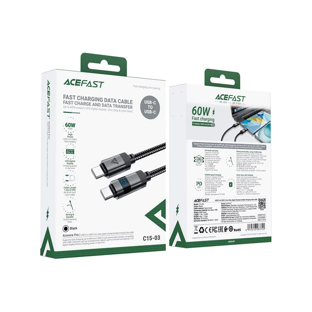 Дата кабель USB-C to USB-C 1.2m 60W digital display C15-03 Black Acefast (6974316283720) - изображение 5