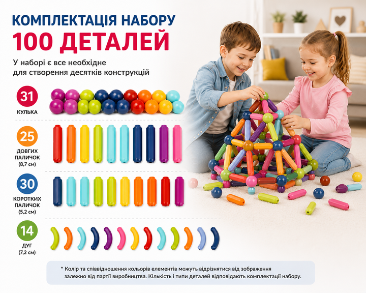 Дитячий магнітний 3D-конструктор 100 деталей з паличок і кульок у боксі, різнокольоровий - зображення 4