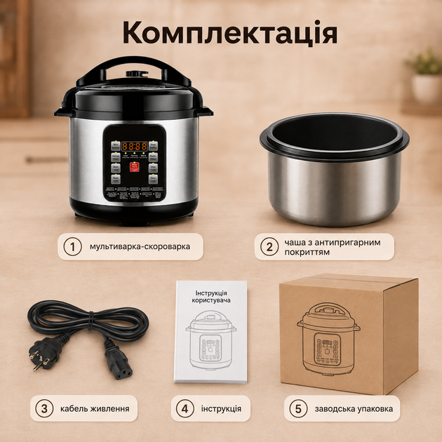 Мультиварка-скороварка 6 л, рисоварка с цифровым дисплеем и функцией поддержания тепла - изображение 2