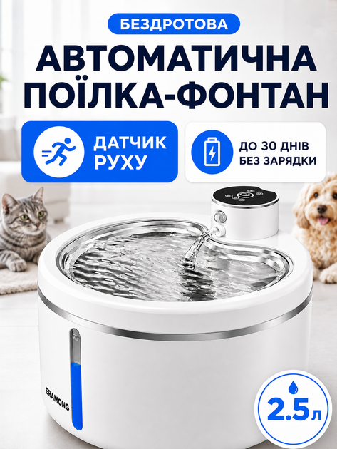 Автопоилка для кошек и собак беспроводная с датчиком движения поилка автономная питьевой фонтан поилка с фильтром для воды Wireless Smart Water Dispenser аккумуляторный питьевой фонтан с фильтром 2.5 л (WATER_DISP_WHITE3) - Фото 1 Автопоилка для кошек и собак беспроводная с датчиком движения поилка автономная питьевой фонтан поилка с фильтром для воды Wireless Smart Water Dispenser аккумуляторный питьевой фонтан с фильтром 2.5 л (WATER_DISP_WHITE3) - изображение 1