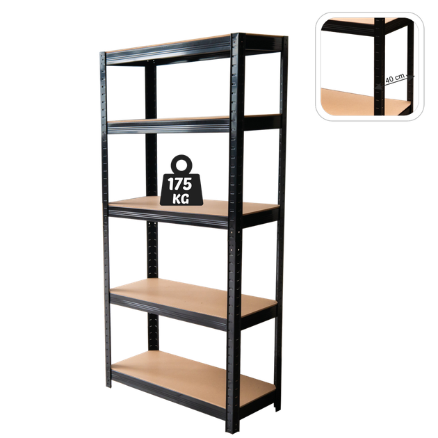 Стеллаж металлический 5 полок хозяйственный для гаража 180×90×40 см до 875 кг GWI7392 склада мастерской подсобки черная прочная полка для коробок инструментов бытовых вещей разборный универсальный для хранения предметов - изображение 3
