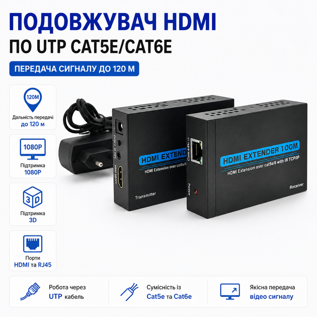 Активный удлинитель 120 м HDMI сигнала по Cat5e/6е кабелю 1080p/3D - Фото 1 Активный удлинитель 120 м HDMI сигнала по Cat5e/6е кабелю 1080p/3D - изображение 1