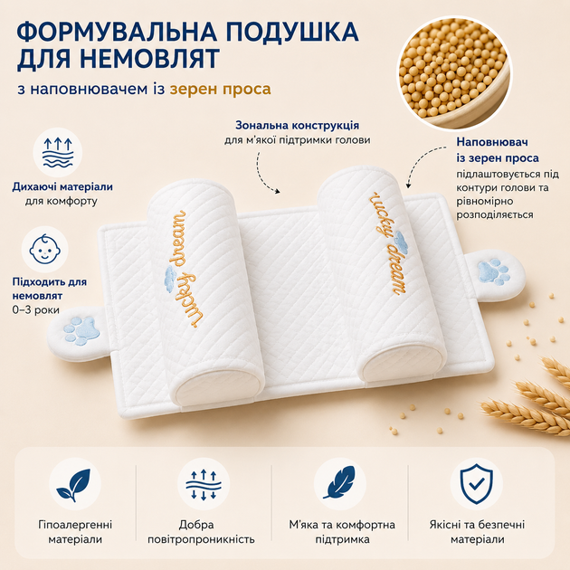 Формирующая подушка для младенцев с наполнителем из проса 46×18 см - Фото 3 Формирующая подушка для младенцев с наполнителем из проса 46×18 см - изображение 3