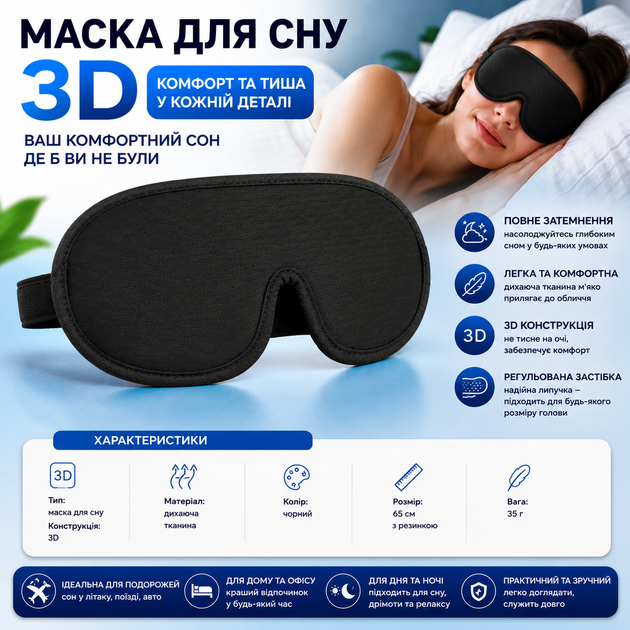 3D маска для сна с берушами, защита от света и шума - изображение 12