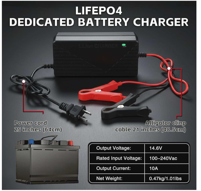 Зарядное устройство 14.6V 10A для LiFePO4 аккумуляторов, зарядка для литий-железо-фосфатных батарей, LED индикатор - Фото 4 Зарядное устройство 14.6V 10A для LiFePO4 аккумуляторов, зарядка для литий-железо-фосфатных батарей, LED индикатор - изображение 4