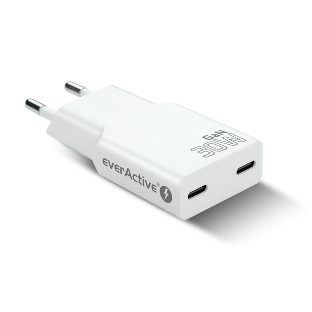 Зарядное устройство everActive GaN SC-385Q White Super Slim, 2xUSB-С QC3.0+PD 30W, AC220V - Фото 3 Зарядное устройство everActive GaN SC-385Q White Super Slim, 2xUSB-С QC3.0+PD 30W, AC220V - изображение 3