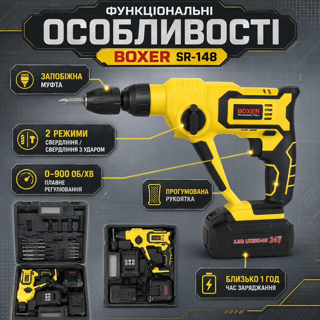 Акумуляторний перфоратор BOXER SR-148 24 В 1 Дж перфоратор SDS-Plus з 2 АКБ 3 А·год для свердління та ударного свердління - зображення 2