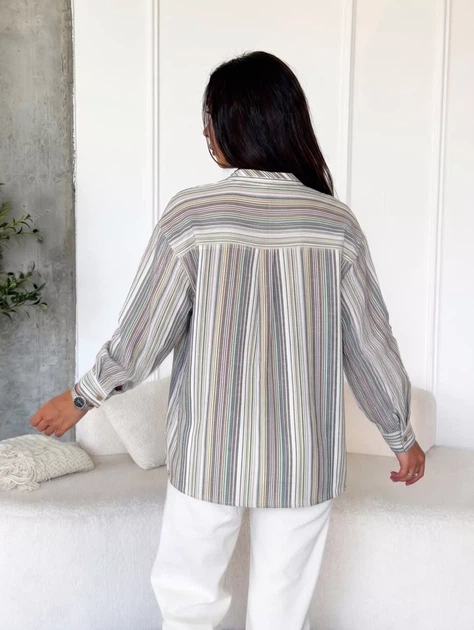 Стильна жіноча сорочка oversize з льону у смужку casual INNOE 300055-2, р. 58-60 Світло-сірий - Фото 4 Стильна жіноча сорочка oversize з льону у смужку casual INNOE 300055-2, р. 58-60 Світло-сірий - изображение 4