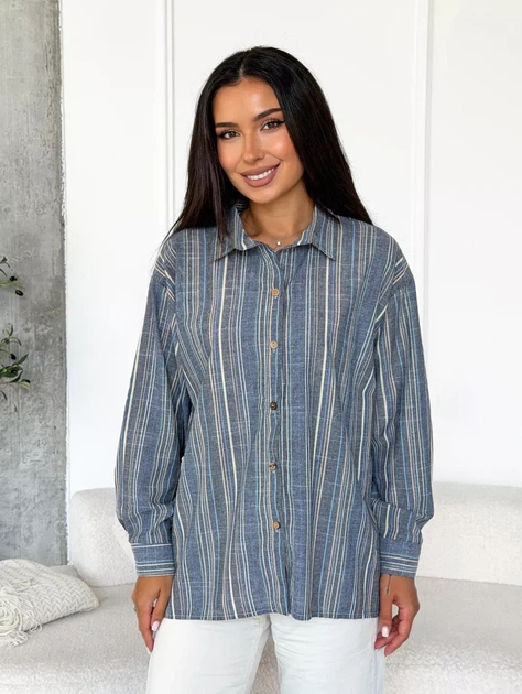 Стильна жіноча лляна oversize сорочка у смужку casual INNOE 300055-2, р. 58-60 Темно-сірий - зображення 3