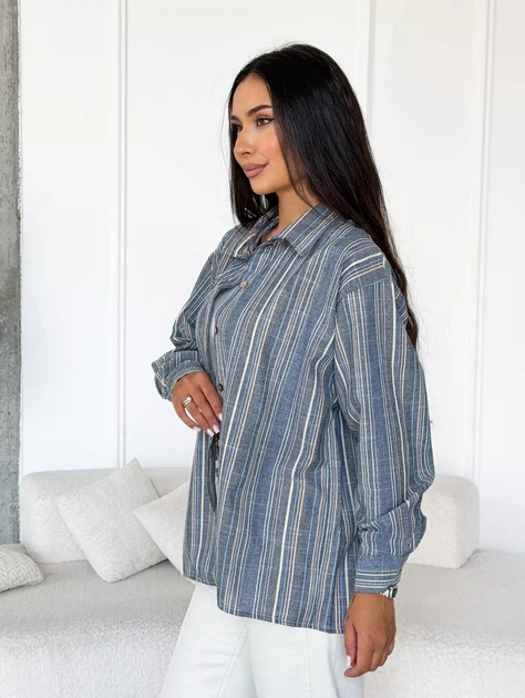 Стильна жіноча лляна oversize сорочка у смужку casual INNOE 300055-2, р. 54-56 Темно-сірий - Фото 4 Стильна жіноча лляна oversize сорочка у смужку casual INNOE 300055-2, р. 54-56 Темно-сірий - изображение 4