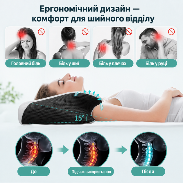 Ергономічна подушка для сну RIAS CPB-butterfly з підтримкою шиї 62x37x12 см White-Black (3_08615) - зображення 6