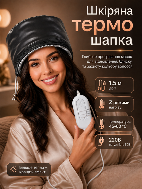 Електрична шкіряна термошапка Wenan "Leather Black Thermal Cap" сушуар шапка для масок, фарбування, ламінування, салонних процедур для догляду та лікування волосся вдома, 2 режими від 45 до 60 градусів, колір чорний зі шкірозамінника (220В / Євровилка) - зображення 6