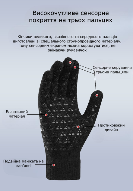 Зимові в’язані рукавички Touch Screen з сенсорними пальцями, м’яким начосом та протиковзкою долонею, чорні, 21×13 см R9840 - Фото 7 Зимові в’язані рукавички Touch Screen з сенсорними пальцями, м’яким начосом та протиковзкою долонею, чорні, 21×13 см R9840 - зображення 7