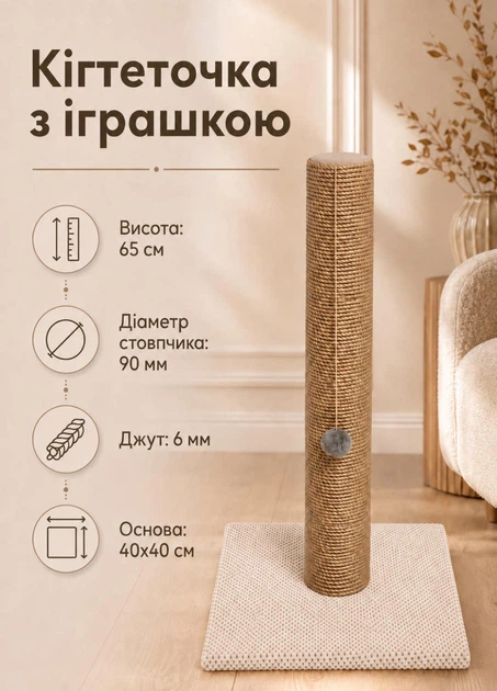 Напольная кошачья царапка 50 см столбик из джута 6 мм на текстильной основе 40х40 см с игрушкой для игры (M60228/65N) - Фото 1 Напольная кошачья царапка 50 см столбик из джута 6 мм на текстильной основе 40х40 см с игрушкой для игры (M60228/65N) - изображение 1