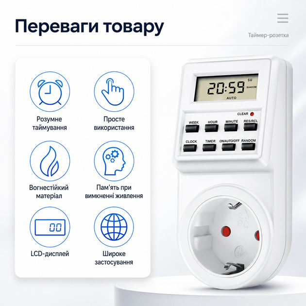Розумна розетка-таймер RIAS TS-ED01 LCD-дисплей 3600W White (3_08662) - Фото 4 Розумна розетка-таймер RIAS TS-ED01 LCD-дисплей 3600W White (3_08662) - зображення 4