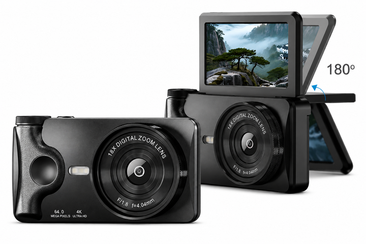 Ретро цифровая камера 64MP 4K мыльница с экраном 180° - компактный фотоаппарат для селфи,и блогов, 18X Zoom, HD видео, 20 фильтров, стильная портативная камера с простым пользованием. - изображение 3