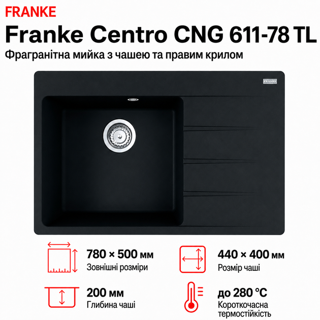 Мийка кухонна з крилом Franke Centro CNG 611-78 TL прямокутна фраграніт 780 x 500 мм Onyx (114.0630.479) - Фото 1 Мийка кухонна з крилом Franke Centro CNG 611-78 TL прямокутна фраграніт 780 x 500 мм Onyx (114.0630.479) - зображення 1