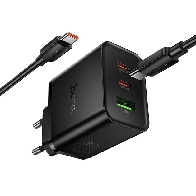 Зарядне HOCO GaN N75 2xType-C 1xUSB PD65W чорне - изображение 2