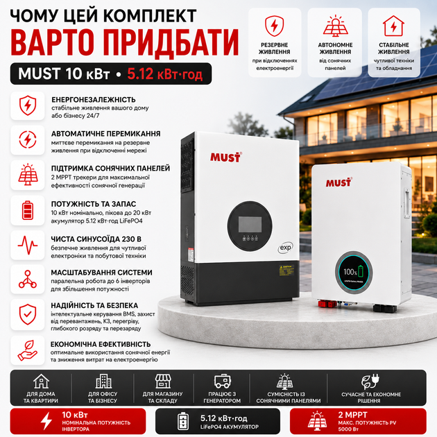Гібридний інвертор MUST PV19-10048EXP 10 кВт з LiFePO4 акумулятором 5,12 кВт·год - зображення 4