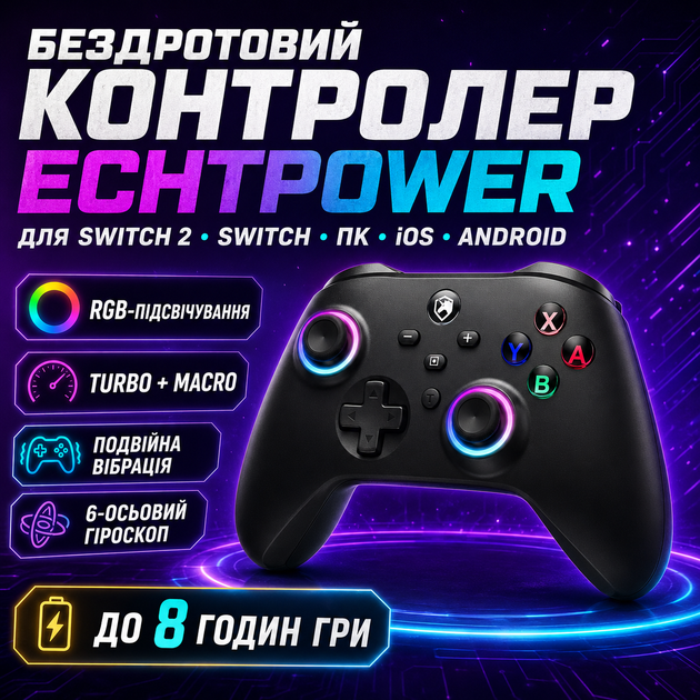 Контроллер ECHTPower Switch 2 беспроводной, RGB-подсветка, турбо, макро, вибрация, Bluetooth, совместимый с Switch, ПК, iOS, Andro - изображение 2