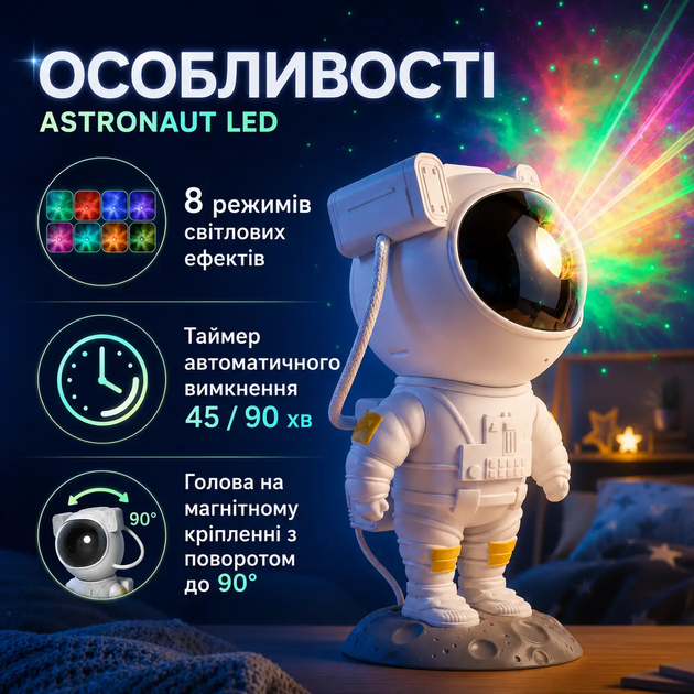 Ночник-проектор Астронавт LED Звездное небо с пультом, космический светильник для детской комнаты - изображение 4