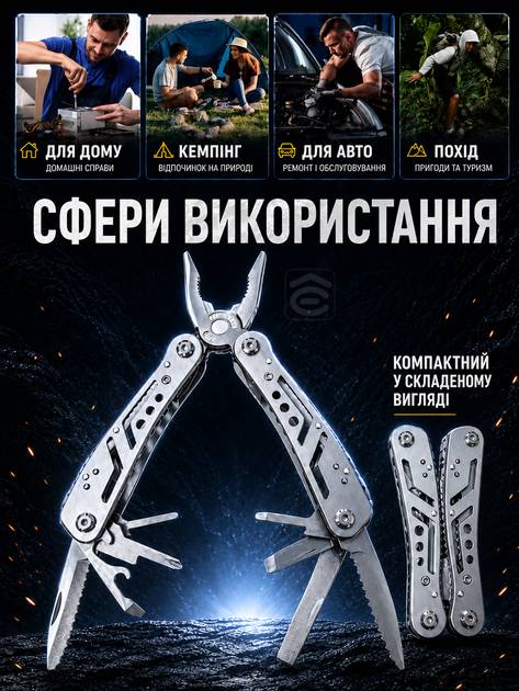Мультитул 7 в 1 многофункциональные плоскогубцы из нержавеющей стали складной мультиинструмент 16,5 см для дома авто и туризма серебристый (MUL-7) - изображение 2
