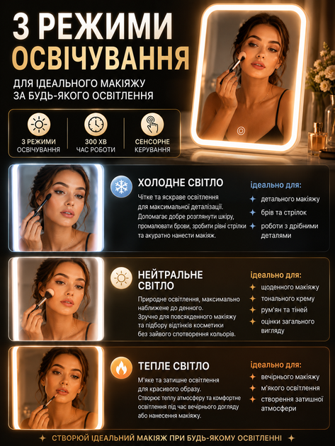 Зеркало косметическое для макияжа с LED-подсветкой, 3 режима, сенсорное управление, регулировка яркости - изображение 2