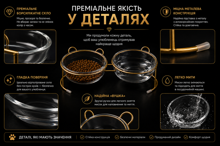 Стеклянные миски на золотой металлической подставке для домашних животных, котов и собак 2/500мл (двойные) - изображение 5