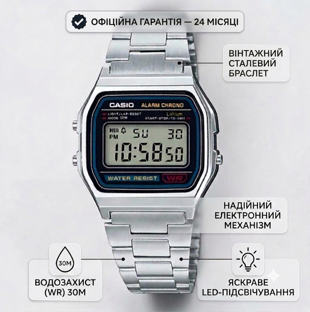 Мужские наручные часы Casio A158WA-1D Silver - изображение 11