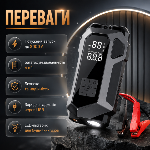 Пусковое устройство JUMP STARTER 4в1 2000 А 16000 мАч бустер для авто с компрессором и LED-подсветкой для запуска автомобильного двигателя Jump Starter с функцией Power Bank - изображение 3