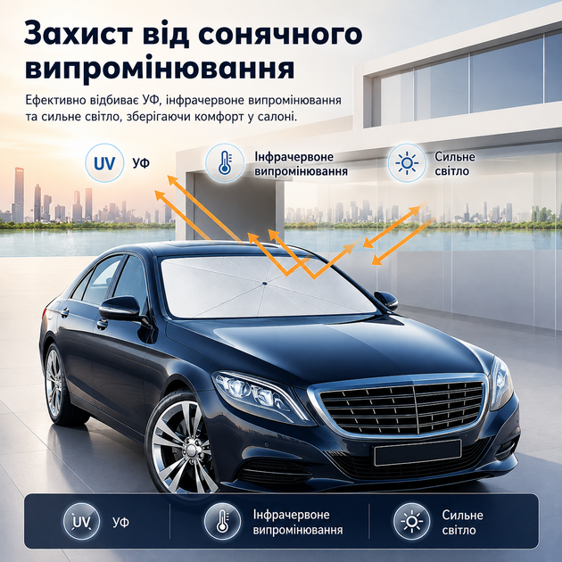 Складной солнцезащитный зонт-шторка на лобовое стекло автомобиля SUV-L 130×70 см черный - изображение 4