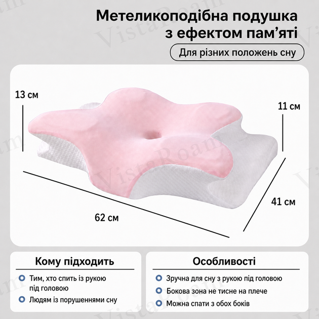 Ортопедическая подушка для шеи с эффектом памяти, анатомическая форма бабочка 62х41х13 розовая-белая 1300гр KT8001204 - Фото 4 Ортопедическая подушка для шеи с эффектом памяти, анатомическая форма бабочка 62х41х13 розовая-белая 1300гр KT8001204 - изображение 4
