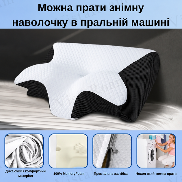 Ортопедическая подушка Memory Foam для шеи и плеч 62×37-8-12 см, форма бабочка, эффект памяти 1300гр KT7006278 - изображение 4