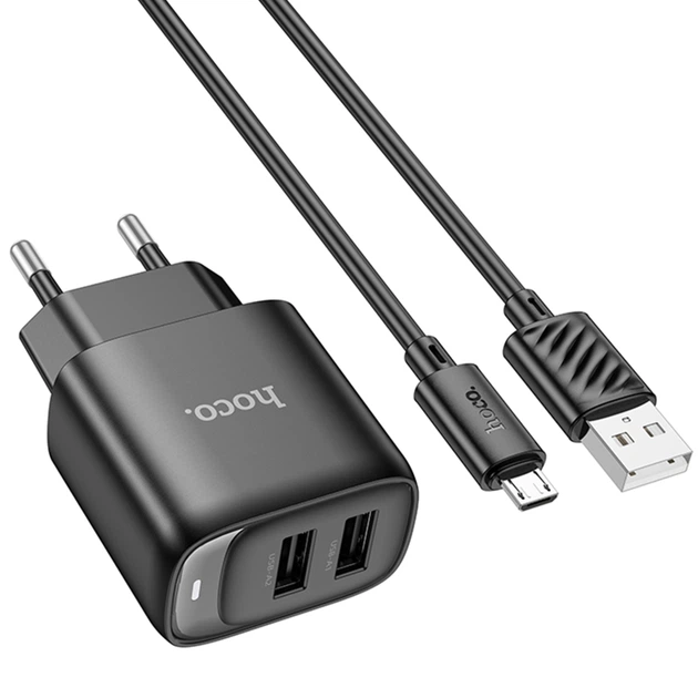 Зарядное устройство для телефона USB / Сетевой адаптер Hoco C141A Smart 2.1A (2USB-A) + кабель USB to MicroUSB (черный) - изображение 4