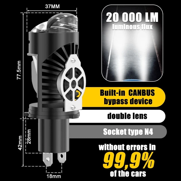 Високопотужні Bi-LED лінзи H4 100Вт 6500K 20000Лм з Mini Hi/Lo проектором та CANBUS - зображення 2