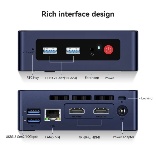 Неттоп Beelink MINI S12 Pro, Navy Blue, N100 (4x3.4 GHz, 6 Вт), 12Gb DDR4 3200 MHz SO-DIMM, 512Gb SSD NVMe, 1x2.5' SATA, UHD Graphics, WiFi 6, Bluetooth 5.2, GLan, 4xUSB 3.2, 2xHDMI, Windows 11 Pro, кріплення VESA у комплекті - изображение 5