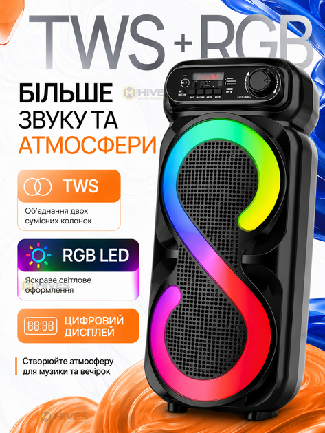 Портативная колонка караоке с микрофоном 16 Вт Bluetooth 5.0 2×4" TWS FM USB TF AUX RGB аккумуляторная - изображение 4