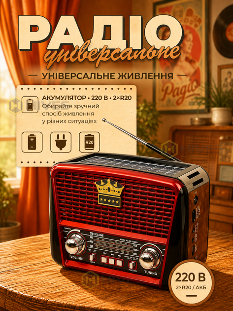 Аккумуляторный радиоприемник с солнечной панелью FM AM SW, MP3 USB microSD, LED-фонарик, 220 В/2×R20, портативное радио, красный - изображение 3