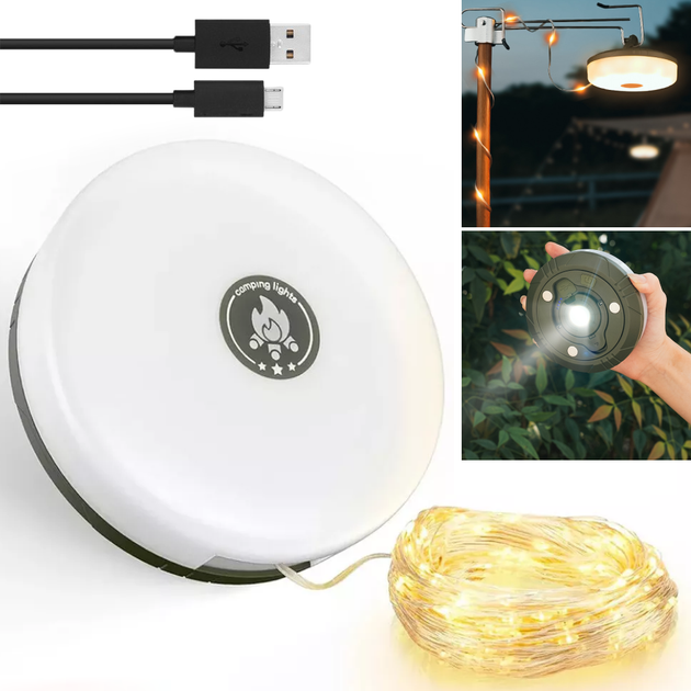 Кемпинговый фонарь с гирляндой 10м, магнитом и USB, Теплый белый + RGB / Аккумуляторная гирлянда с фонарем / Лампа-гирлянда - изображение 2