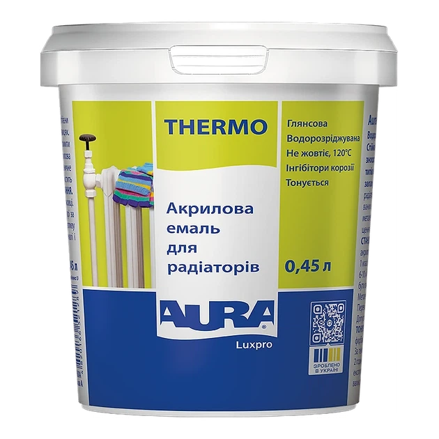 Глянсова акрилова емаль для радіаторів AURA Luxpro Thermo Білий 0.45 л - Фото 1 Глянсова акрилова емаль для радіаторів AURA Luxpro Thermo Білий 0.45 л - зображення 1
