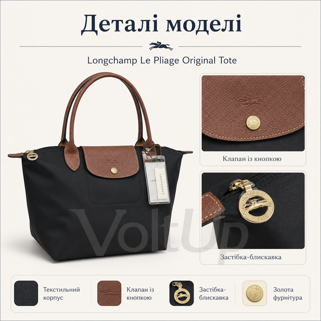 Сумка-тоут Longchamp Le Pliage Original Tote черная размер M - женская с коричневыми ручками 28×26,5×15,5 см - изображение 3