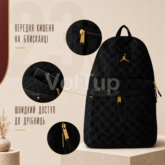Повседневный рюкзак JORDAN Gold Logo Monogram Backpack Black с золотым логотипом, спортивный для учёбы и прогулок - Фото 4 Повседневный рюкзак JORDAN Gold Logo Monogram Backpack Black с золотым логотипом, спортивный для учёбы и прогулок - изображение 4