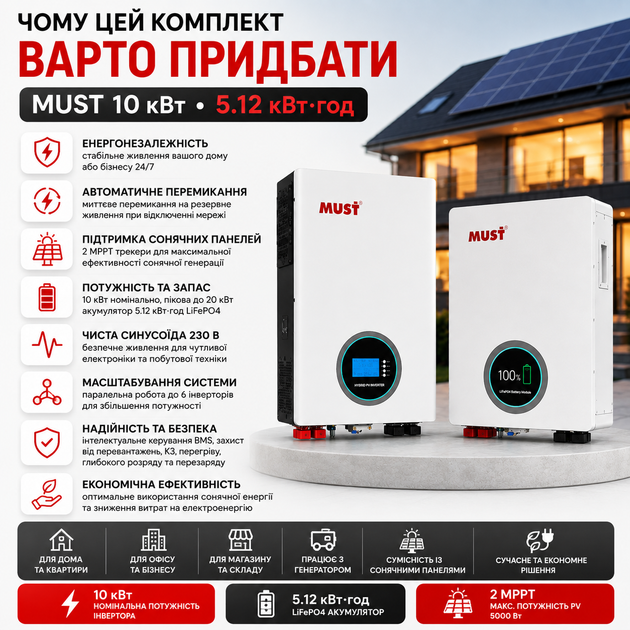 Гібридний інвертор MUST PV19-10048EXP 10 кВт з LiFePO4 акумулятором 5,12 кВт·год - зображення 6