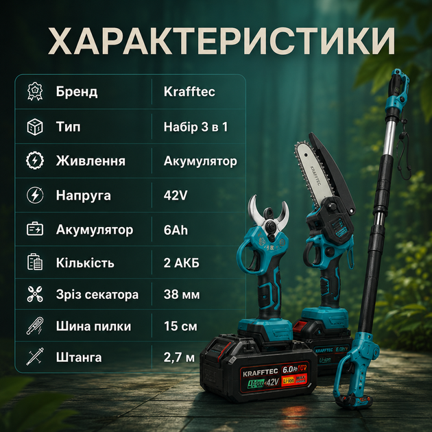 Аккумуляторный садовый набор Krafftec 3-в-1 42 В 6 А·ч с секатором, мини-цепной пилой 15 см, телескопической штангой 2,7 м и двумя аккумуляторами для обрезки деревьев и кустарников - изображение 4