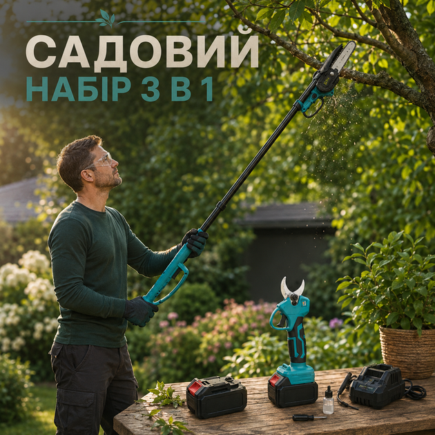 Аккумуляторный садовый набор Krafftec 3-в-1 42 В 6 А·ч с секатором, мини-цепной пилой 15 см, телескопической штангой 2,7 м и двумя аккумуляторами для обрезки деревьев и кустарников - изображение 5