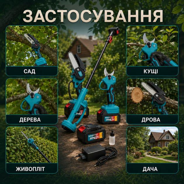 Аккумуляторный садовый набор Krafftec 3-в-1 42 В 6 А·ч с секатором, мини-цепной пилой 15 см, телескопической штангой 2,7 м и двумя аккумуляторами для обрезки деревьев и кустарников - изображение 7