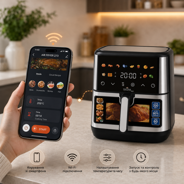 Аерофрітюрниця 12 л з Wi-Fi та керуванням через Tuya Smart Аерогриль з двома тінами сенсорним керуванням 4200 Вт - Фото 1 Аерофрітюрниця 12 л з Wi-Fi та керуванням через Tuya Smart Аерогриль з двома тінами сенсорним керуванням 4200 Вт - изображение 1