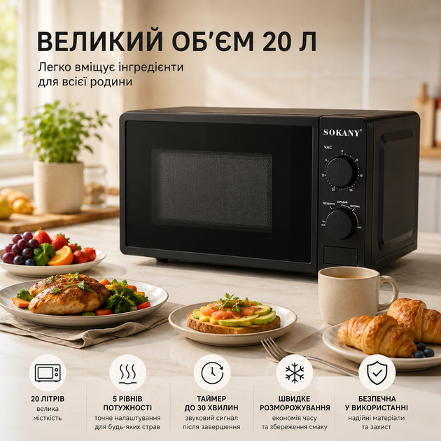 Микроволновая печь Sokany SK-439 20л 1280 Вт 5 уровней мощности - изображение 4